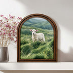 Baby Lamb Oil Painting, Vintage Sheep Art, Cute Animal Landscape, Arched Wood Frame, Farmhouse Wall Decor, Canvas Tabletop Frame Art