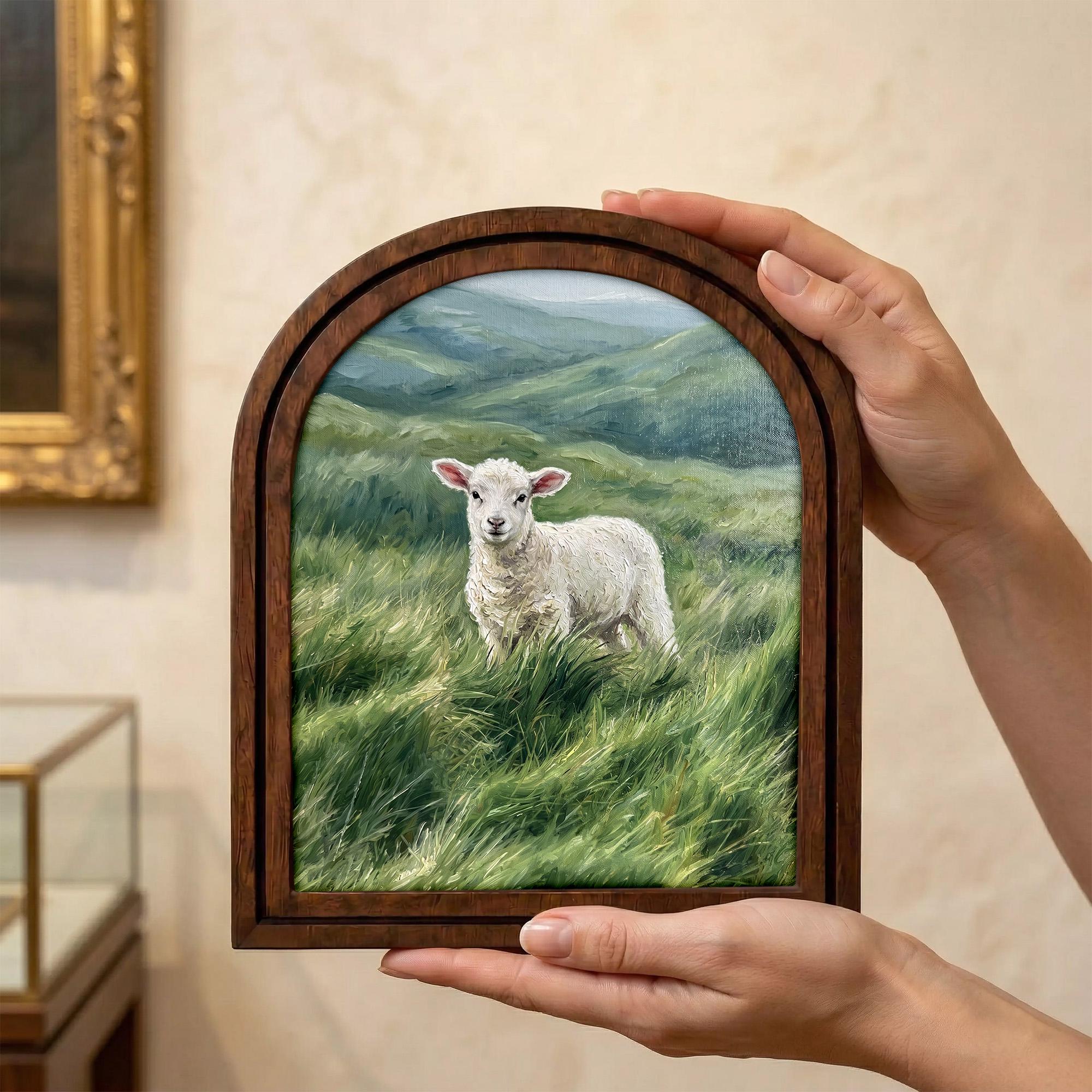 Baby Lamb Oil Painting, Vintage Sheep Art, Cute Animal Landscape, Arched Wood Frame, Farmhouse Wall Decor, Canvas Tabletop Frame Art