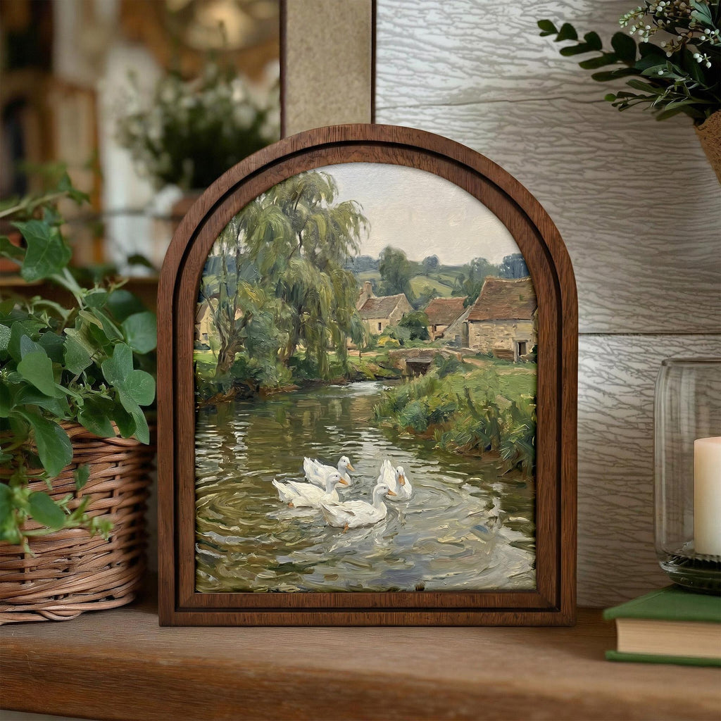 Country River Painting, Vintage Duck Art, Old European Village Landscape, Arched Wood Frame, Farmhouse Wall Decor, Canvas Tabletop Frame