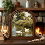 Countryside Duck Painting, Vintage Farmhouse Art, Duck Family Landscape, Arched Wood Frame, Cottagecore Wall Decor, Tabletop Frame Art