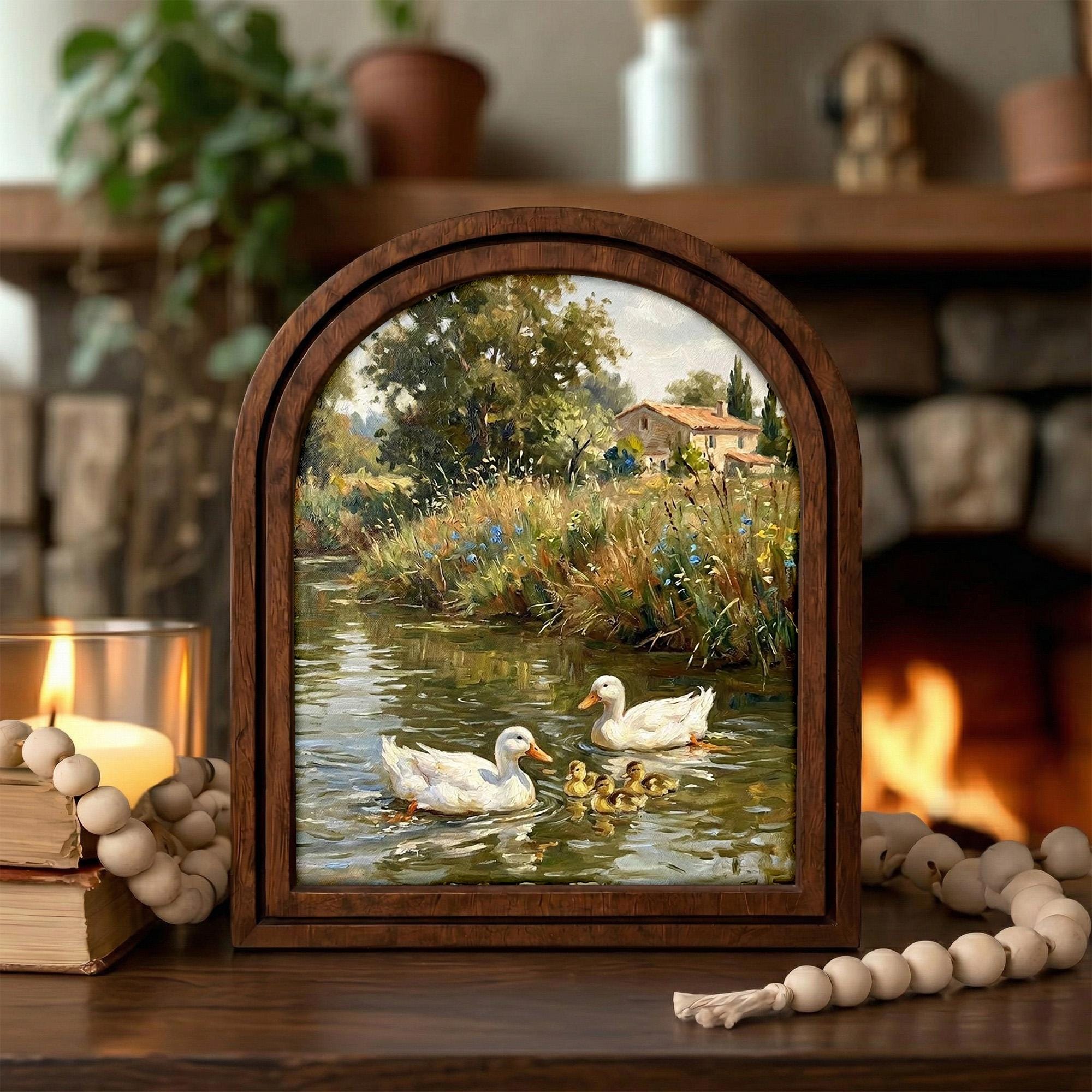Countryside Duck Painting, Vintage Farmhouse Art, Duck Family Landscape, Arched Wood Frame, Cottagecore Wall Decor, Tabletop Frame Art