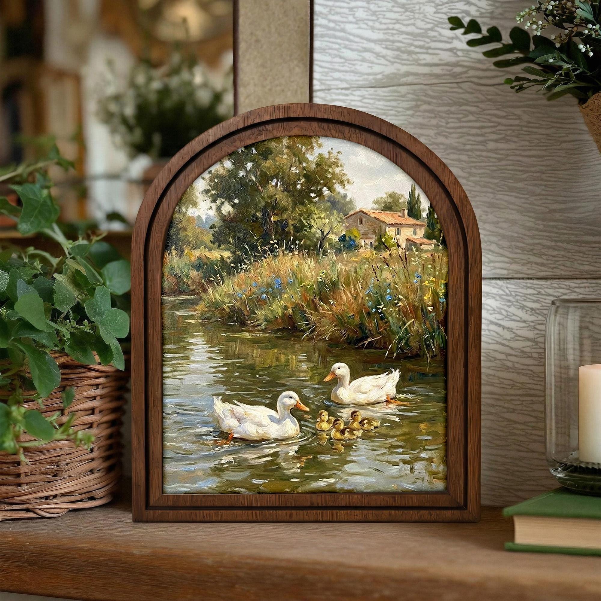 Countryside Duck Painting, Vintage Farmhouse Art, Duck Family Landscape, Arched Wood Frame, Cottagecore Wall Decor, Tabletop Frame Art