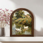 Countryside Duck Painting, Vintage Farmhouse Art, Duck Family Landscape, Arched Wood Frame, Cottagecore Wall Decor, Tabletop Frame Art