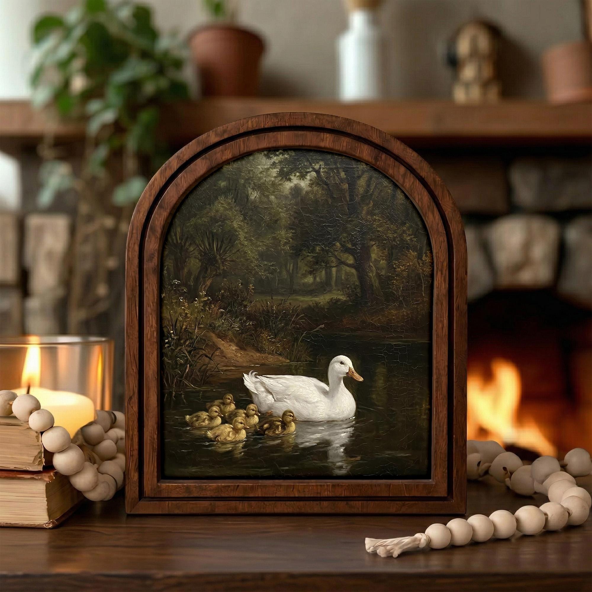 Duck Oil Painting, Vintage Duck Art, Mother Duck and Ducklings, Arched Wood Frame, Rustic Farmhouse Decor, Canvas Wall Art, Tabletop Frame