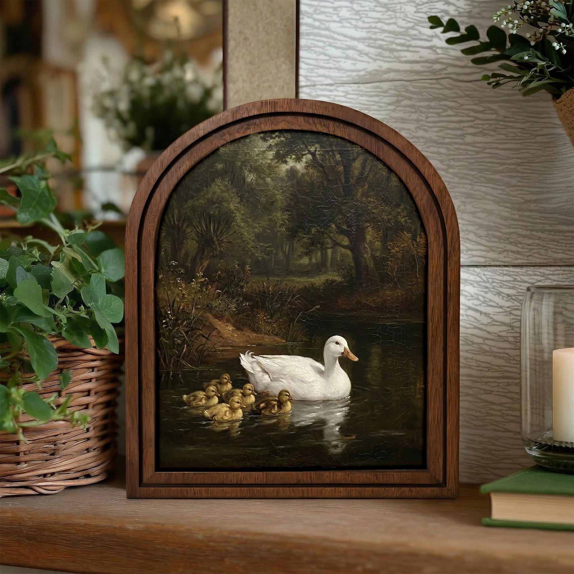 Duck Oil Painting, Vintage Duck Art, Mother Duck and Ducklings, Arched Wood Frame, Rustic Farmhouse Decor, Canvas Wall Art, Tabletop Frame