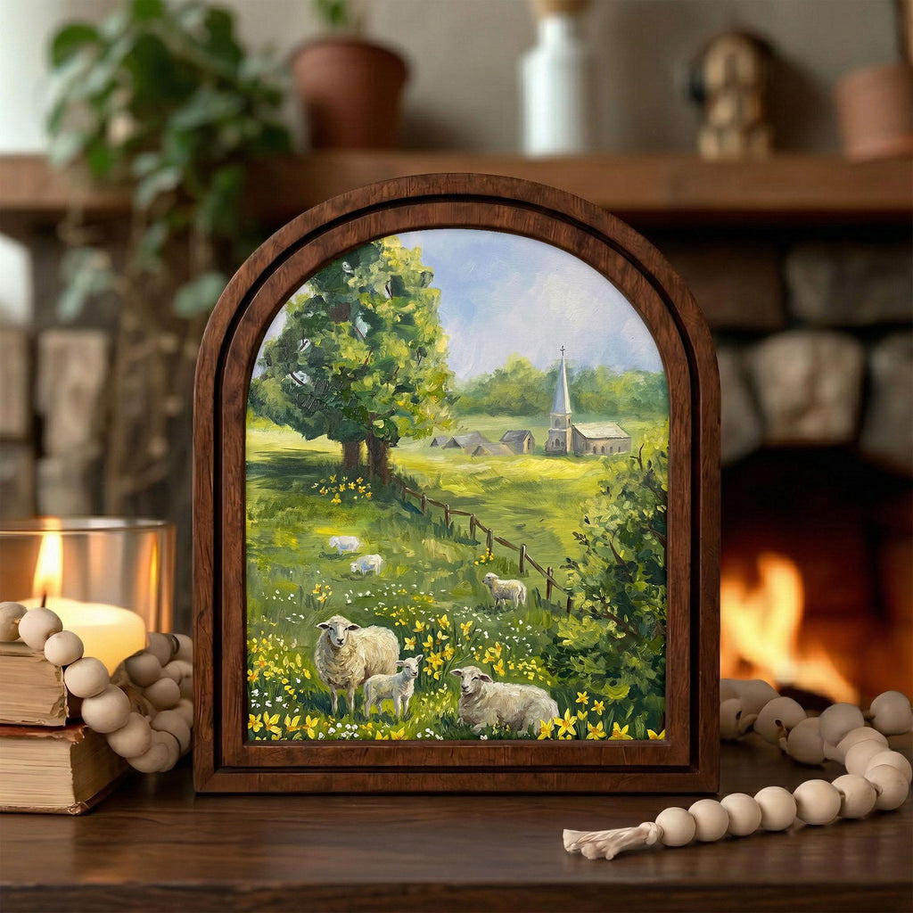 Sheep Landscape Painting, Countryside Meadow Art, Arched Wood Frame, Whimsical Farmhouse Decor, Cottagecore Wall Art, Framed Canvas Print