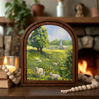Sheep Landscape Painting, Countryside Meadow Art, Arched Wood Frame, Whimsical Farmhouse Decor, Cottagecore Wall Art, Framed Canvas Print