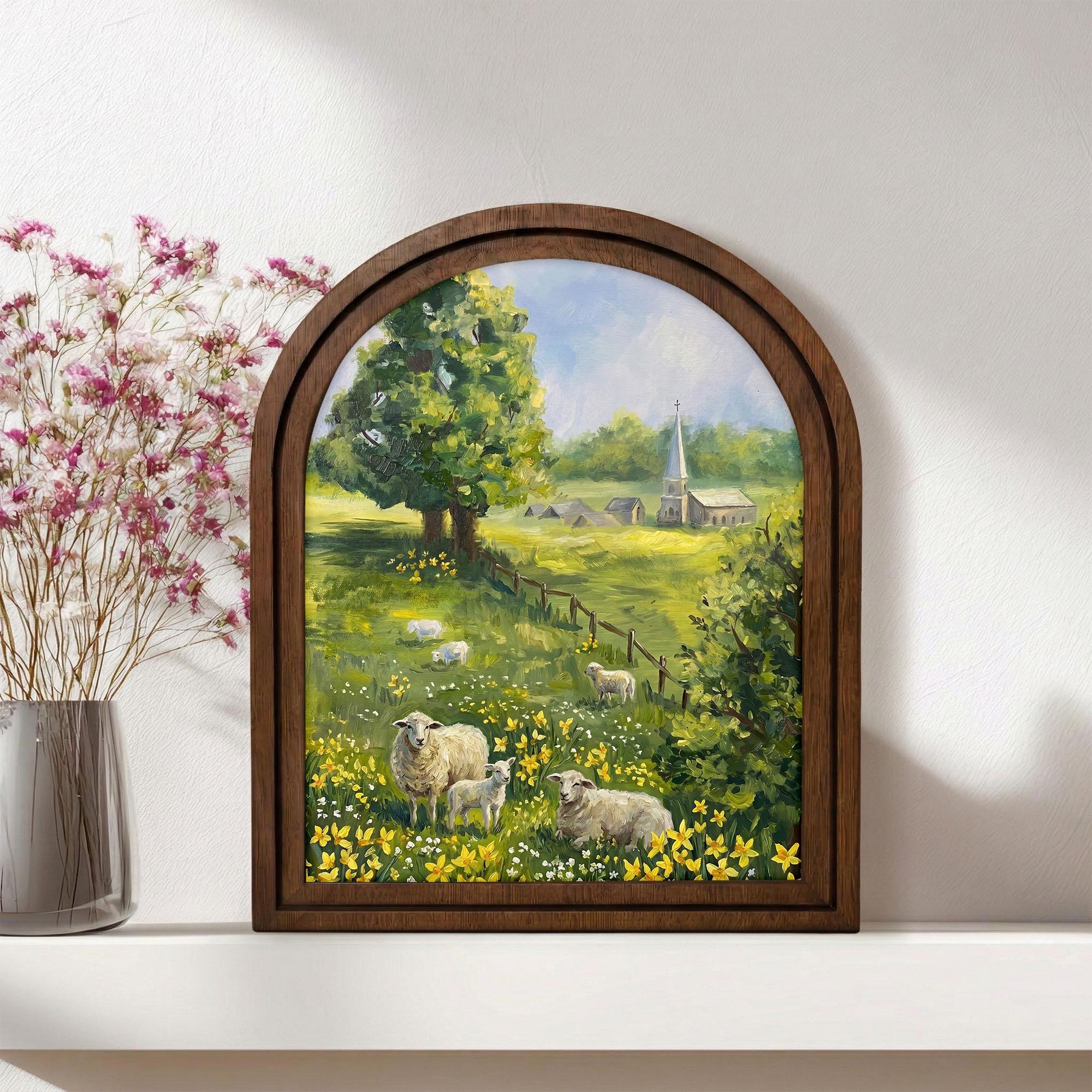 Sheep Landscape Painting, Countryside Meadow Art, Arched Wood Frame, Whimsical Farmhouse Decor, Cottagecore Wall Art, Framed Canvas Print