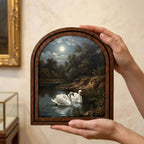 Vintage Swan Oil Painting, Moonlight Landscape, Vintage Swan Art, Arched Wood Frame, Swan Wall Art, Arched Picture Frame, Rustic Home Decor