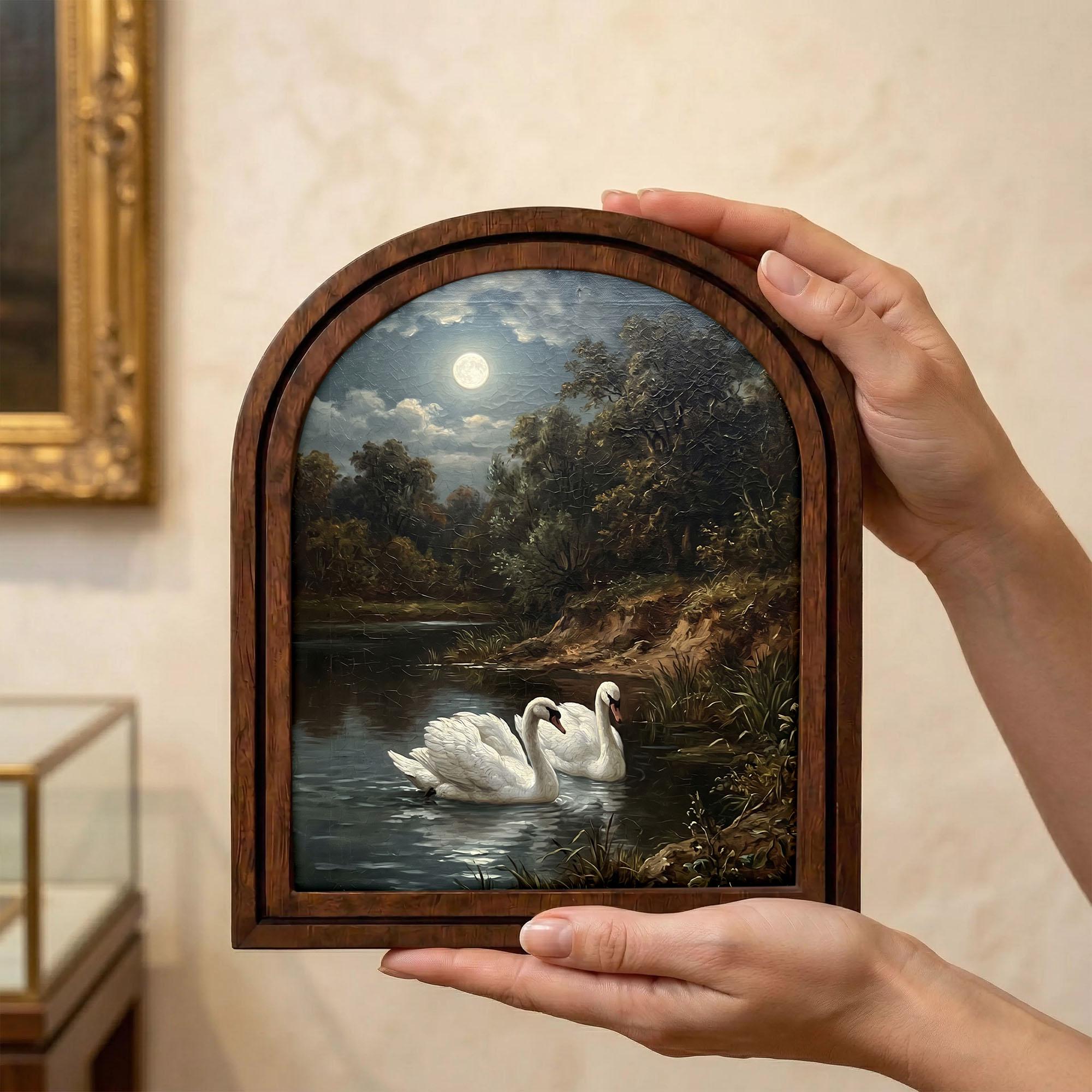 Vintage Swan Oil Painting, Moonlight Landscape, Vintage Swan Art, Arched Wood Frame, Swan Wall Art, Arched Picture Frame, Rustic Home Decor