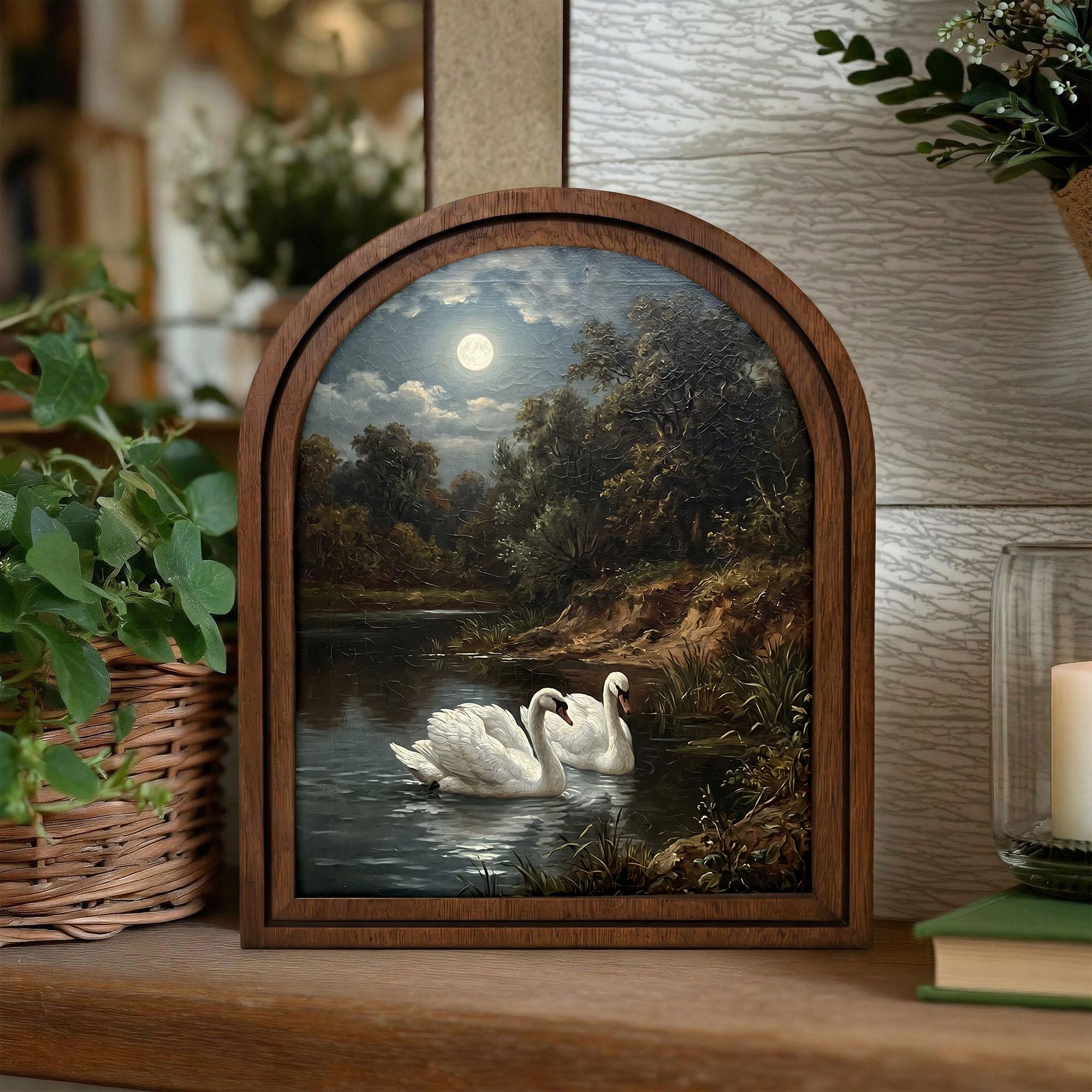 Vintage Swan Oil Painting, Moonlight Landscape, Vintage Swan Art, Arched Wood Frame, Swan Wall Art, Arched Picture Frame, Rustic Home Decor