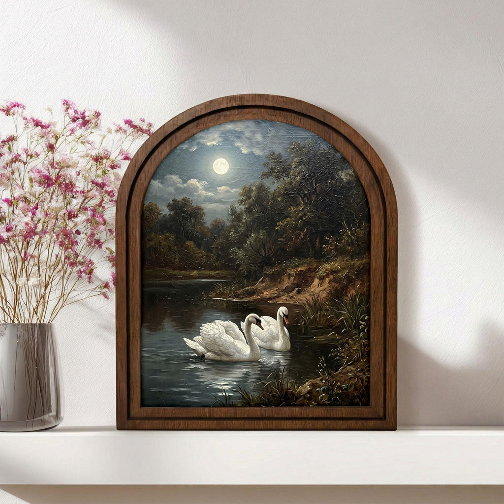 Vintage Swan Oil Painting, Moonlight Landscape, Vintage Swan Art, Arched Wood Frame, Swan Wall Art, Arched Picture Frame, Rustic Home Decor
