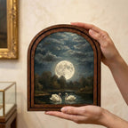 Vintage Full Moon Painting, Swan Oil Painting, Romantic Swan Art, Arched Wood Frame, Gothic Night Decor, Arched Picture Frame