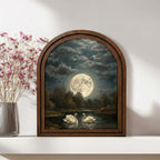 Vintage Full Moon Painting, Swan Oil Painting, Romantic Swan Art, Arched Wood Frame, Gothic Night Decor, Arched Picture Frame