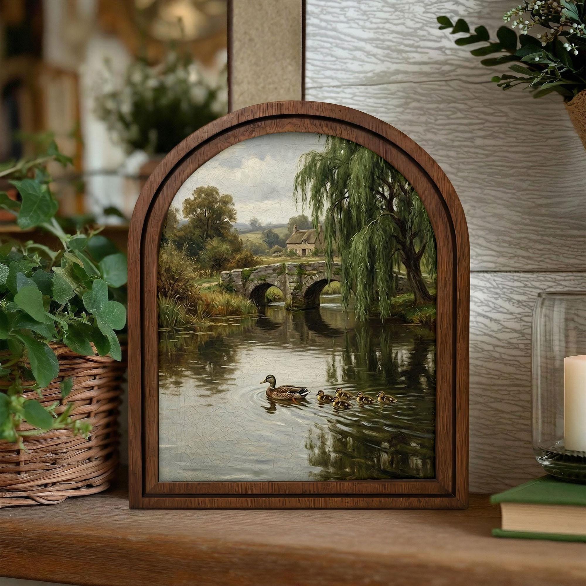 Duck Oil Painting, Countryside Landscape, Arched Wood Frame, Cottagecore Wall Art, Mallard Duck Print, Arched Picture Frame, Rustic Decor