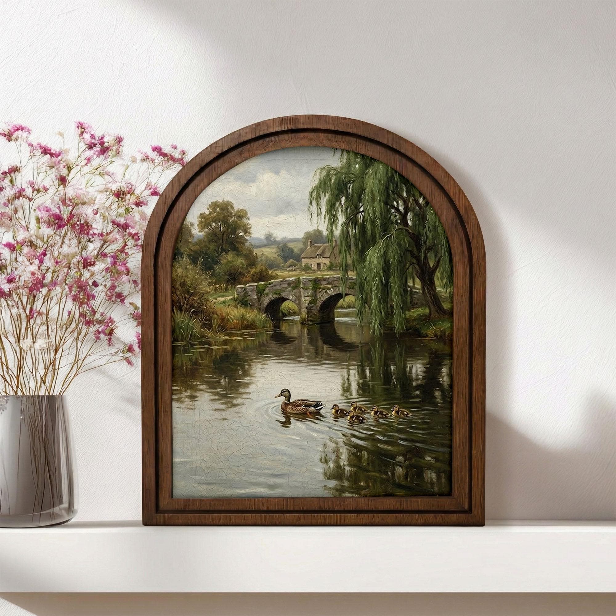 Duck Oil Painting, Countryside Landscape, Arched Wood Frame, Cottagecore Wall Art, Mallard Duck Print, Arched Picture Frame, Rustic Decor