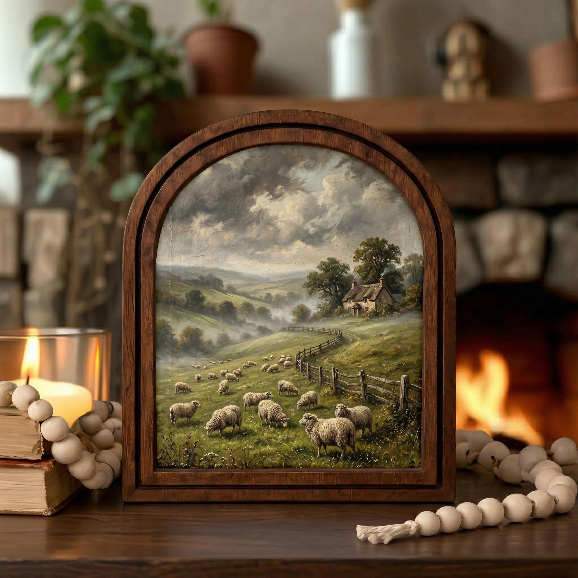 Sheep Oil Painting, Landscape Wall Art, Arched Wood Frame, Countryside Print, Cottagecore Decor, Arched Picture Frame, Farmhouse Decor