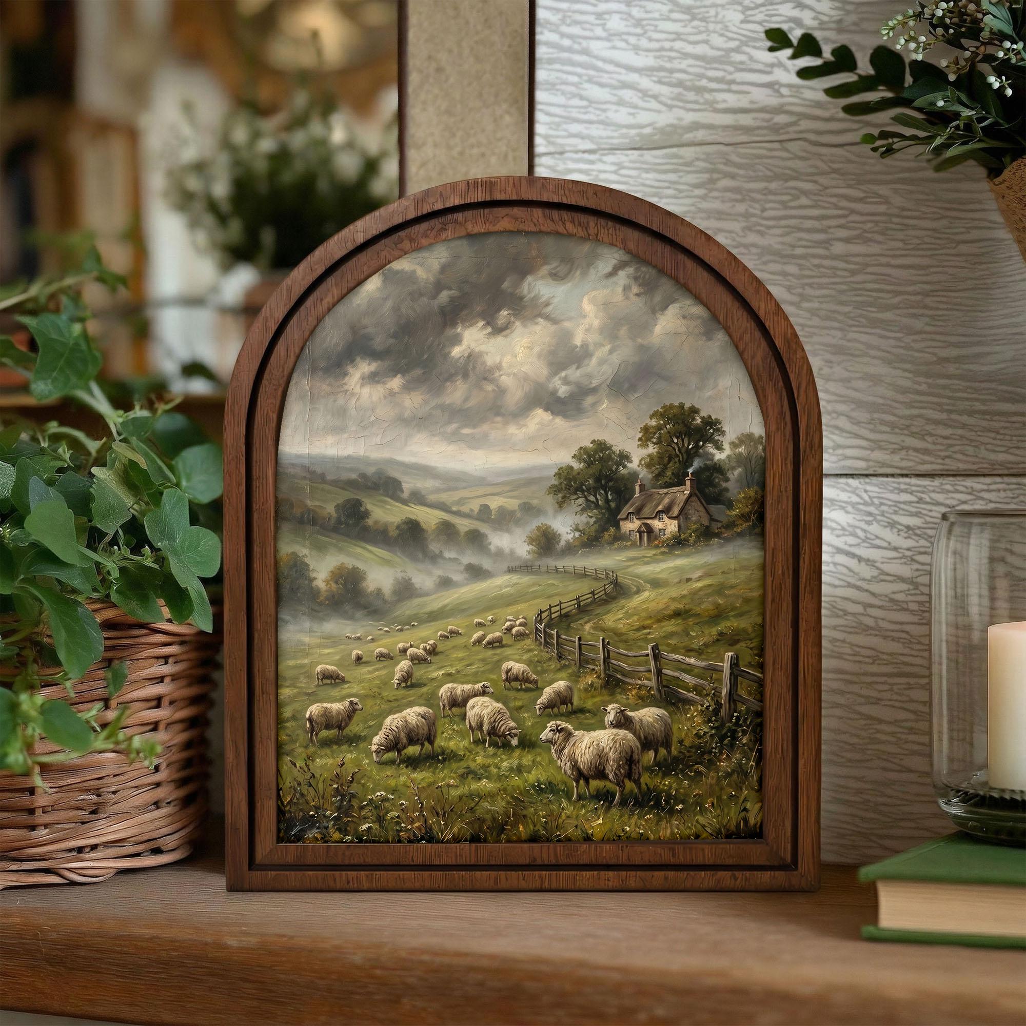 Sheep Oil Painting, Landscape Wall Art, Arched Wood Frame, Countryside Print, Cottagecore Decor, Arched Picture Frame, Farmhouse Decor