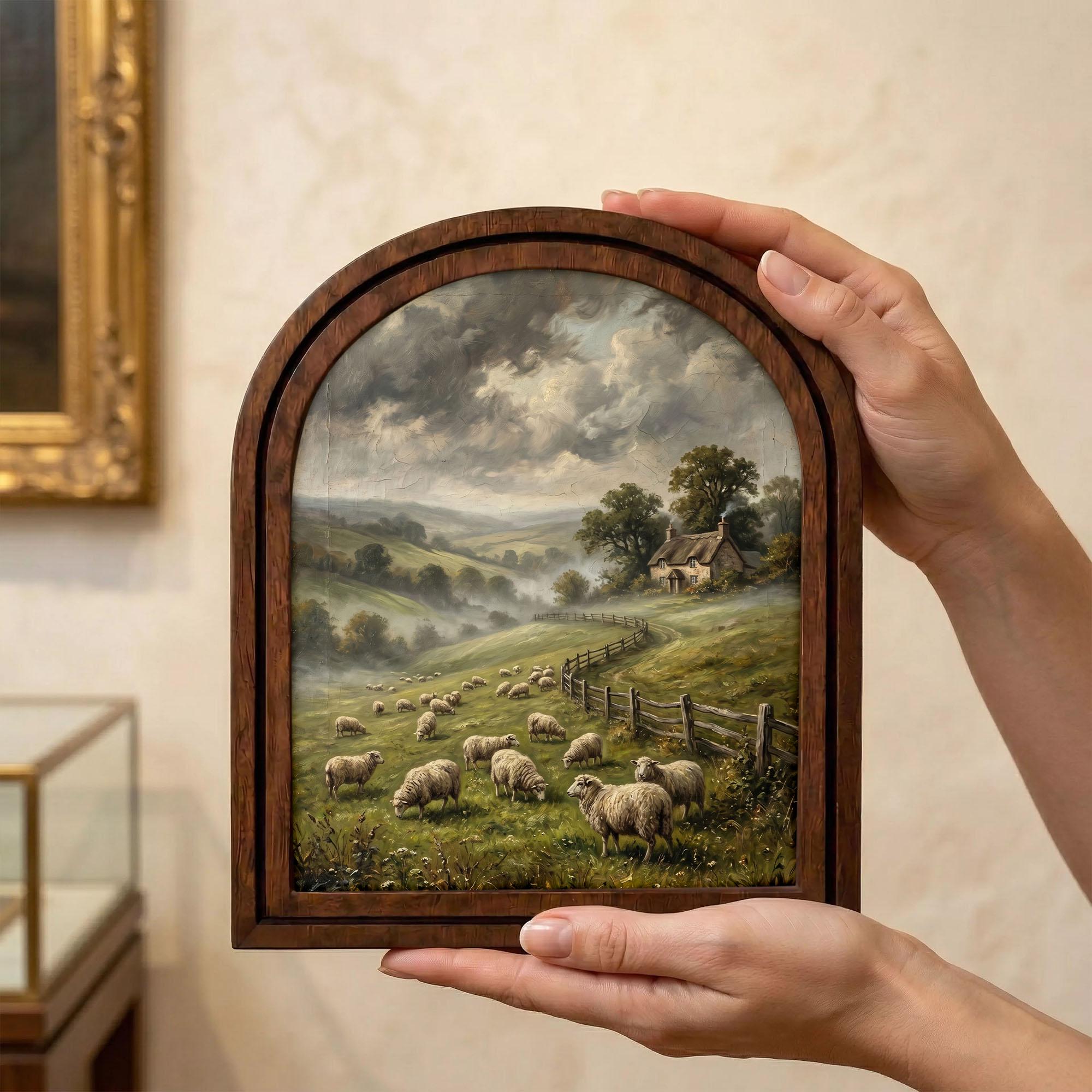 Sheep Oil Painting, Landscape Wall Art, Arched Wood Frame, Countryside Print, Cottagecore Decor, Arched Picture Frame, Farmhouse Decor
