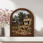 Rooster Painting, Chicken Wall Art, Arched Wood Frame, Farmhouse Decor, French Country Art, Arched Picture Frame, Vintage Chicken Print