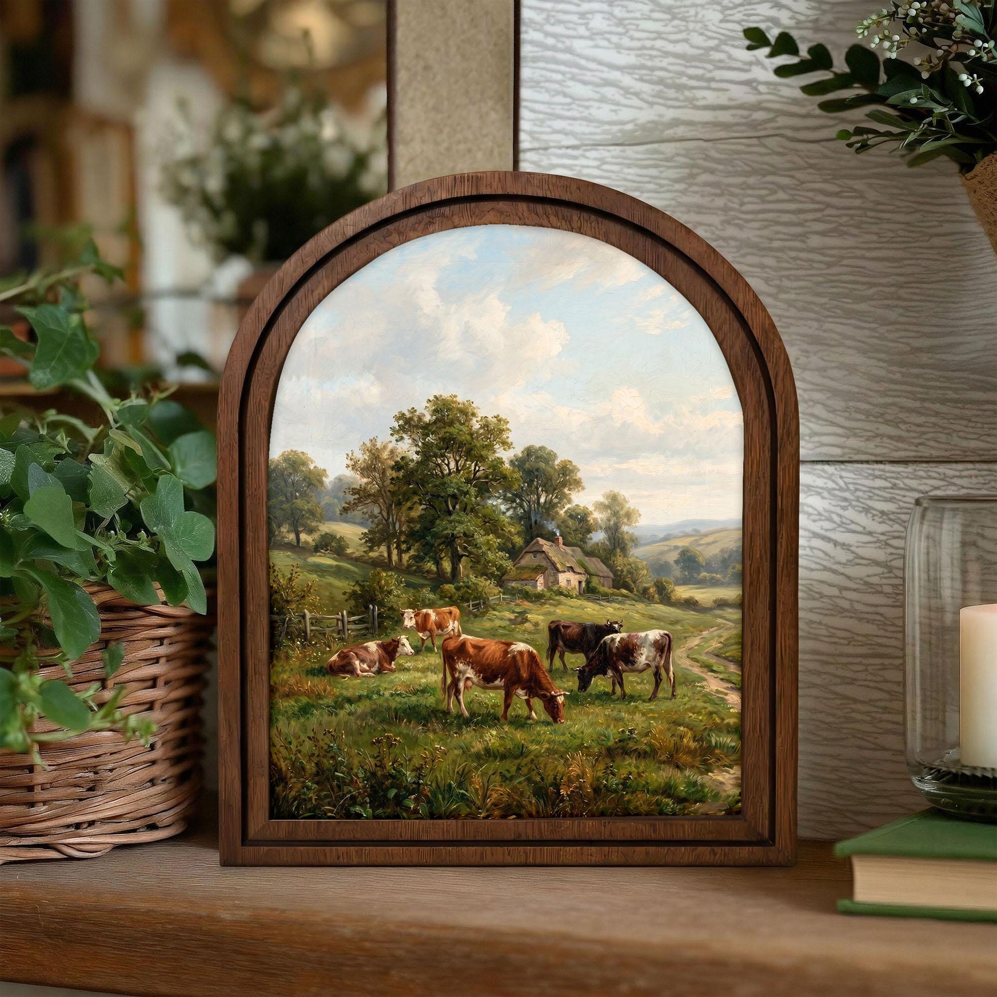 Cow Oil Painting, Landscape Wall Art, Arched Wood Frame, Countryside Decor, Cottagecore Art, Arched Picture Frame, Farmhouse Print