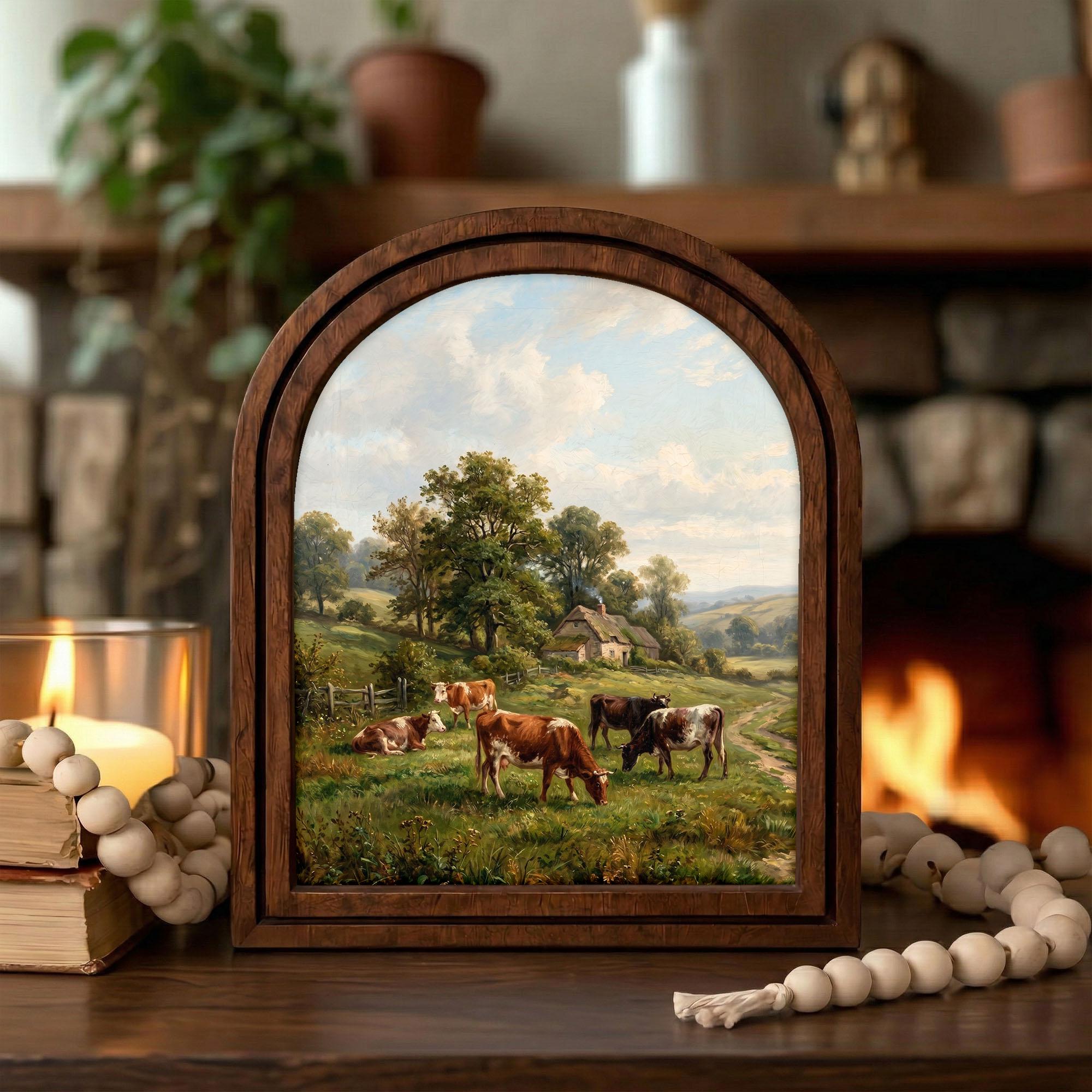 Cow Oil Painting, Landscape Wall Art, Arched Wood Frame, Countryside Decor, Cottagecore Art, Arched Picture Frame, Farmhouse Print