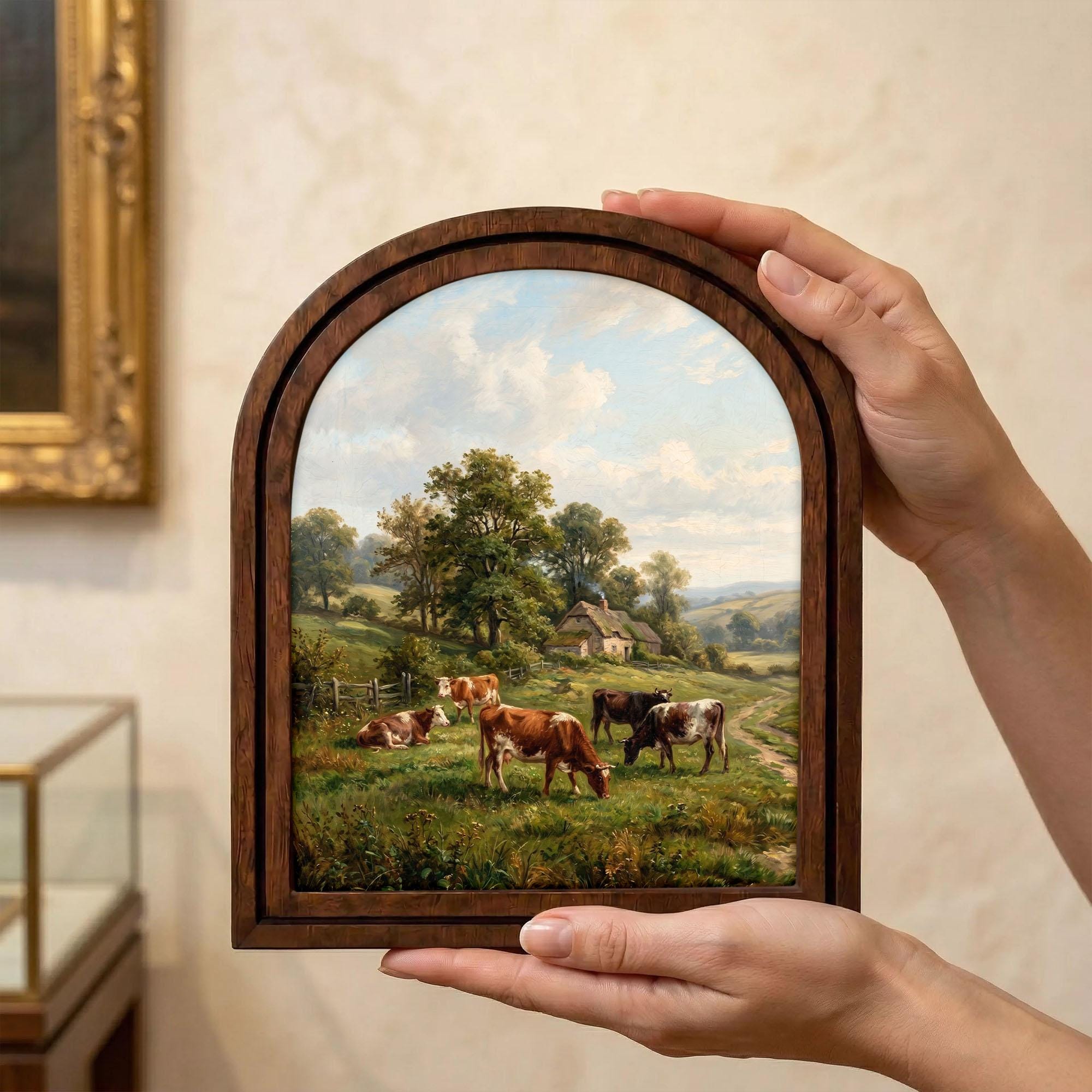 Cow Oil Painting, Landscape Wall Art, Arched Wood Frame, Countryside Decor, Cottagecore Art, Arched Picture Frame, Farmhouse Print