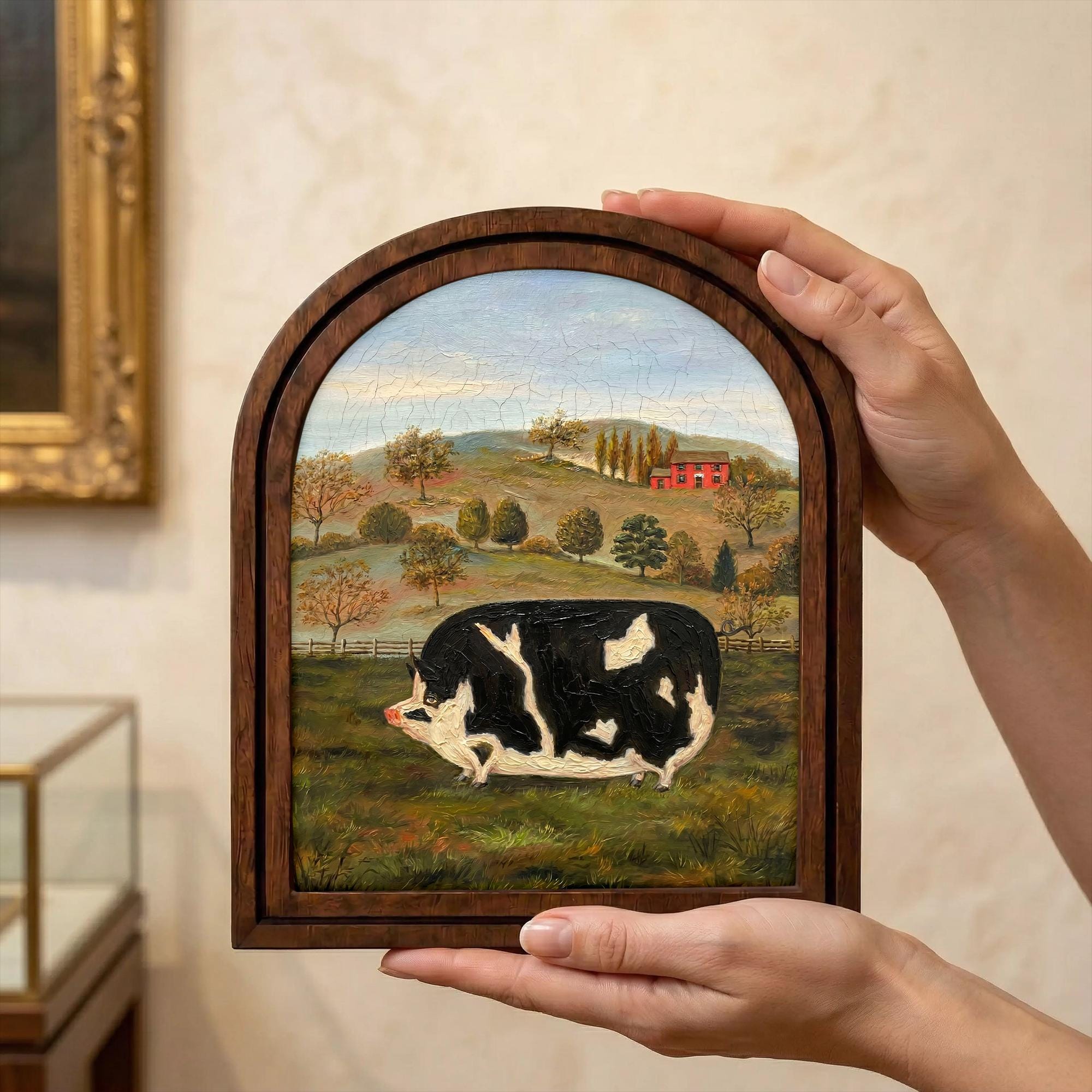 Farmhouse Wall Art, Vintage Pig Painting, Folk Art Animal Print, Country Home Decor, Rustic Wood Framed Art, Black White Pig, Tabletop Decor