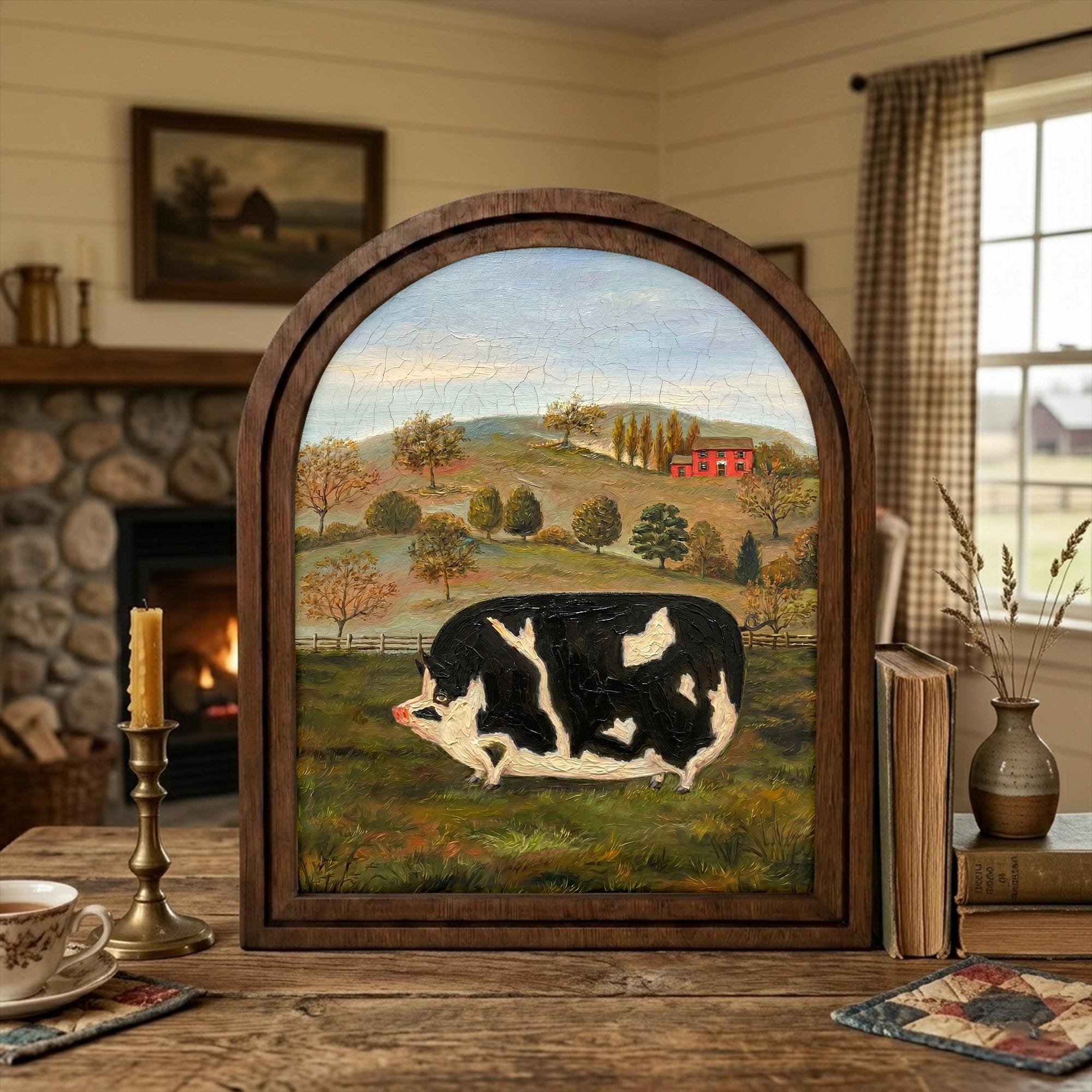 Farmhouse Wall Art, Vintage Pig Painting, Folk Art Animal Print, Country Home Decor, Rustic Wood Framed Art, Black White Pig, Tabletop Decor