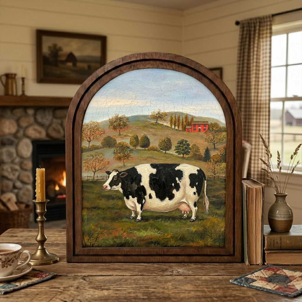 Arched Cow Frame, Country Farmhouse Decor, Wooden Cow Art, Rustic Wood Frame, Canvas Farm Art, 3D Layered Frame, Cow Lover Gift Wall Decor