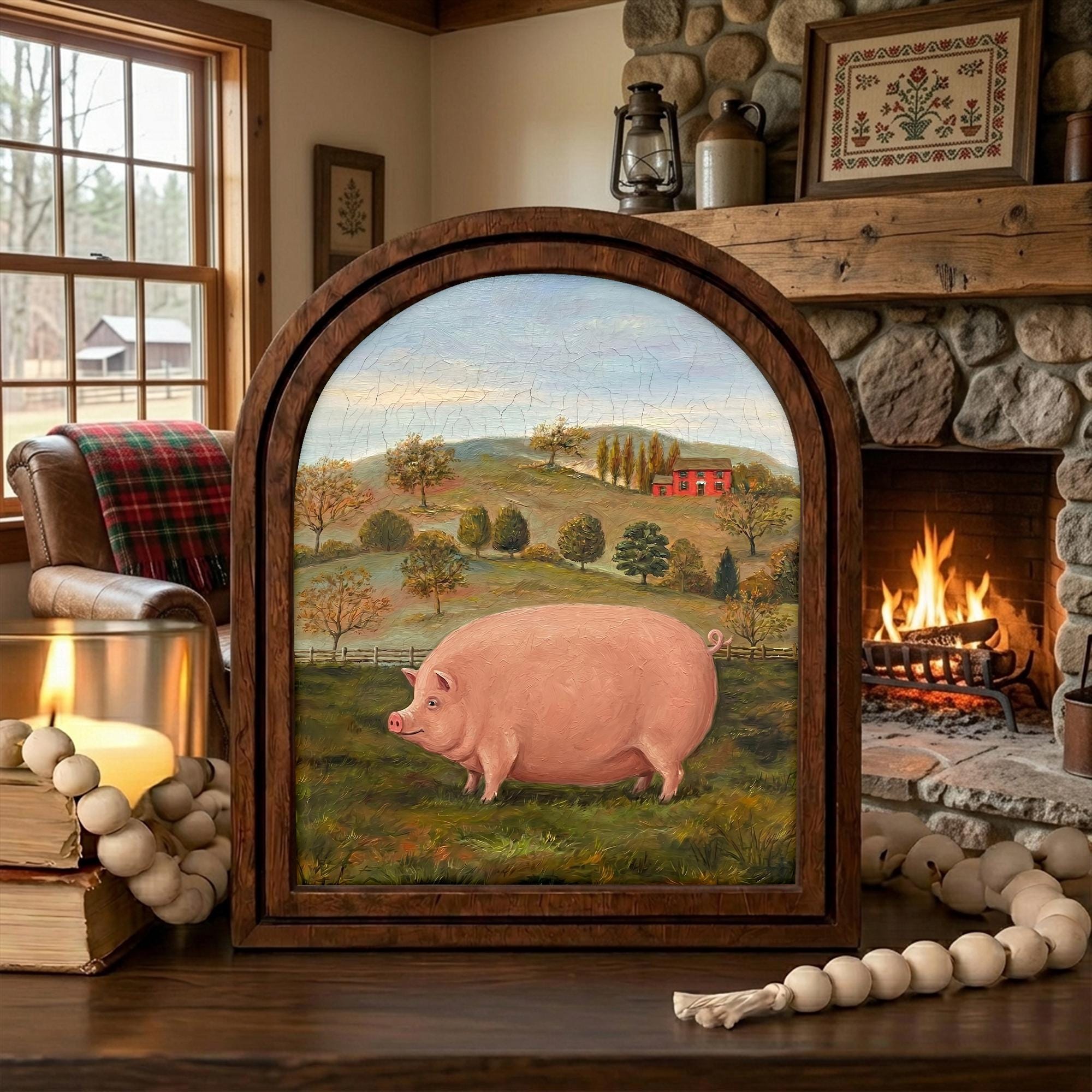 Arched Pig Frame, Country Farmhouse Decor, Wooden Pig Art, Rustic Wood Frame, Canvas Farm Art, 3D Layered Frame, Pig Lover Gift Wall Decor
