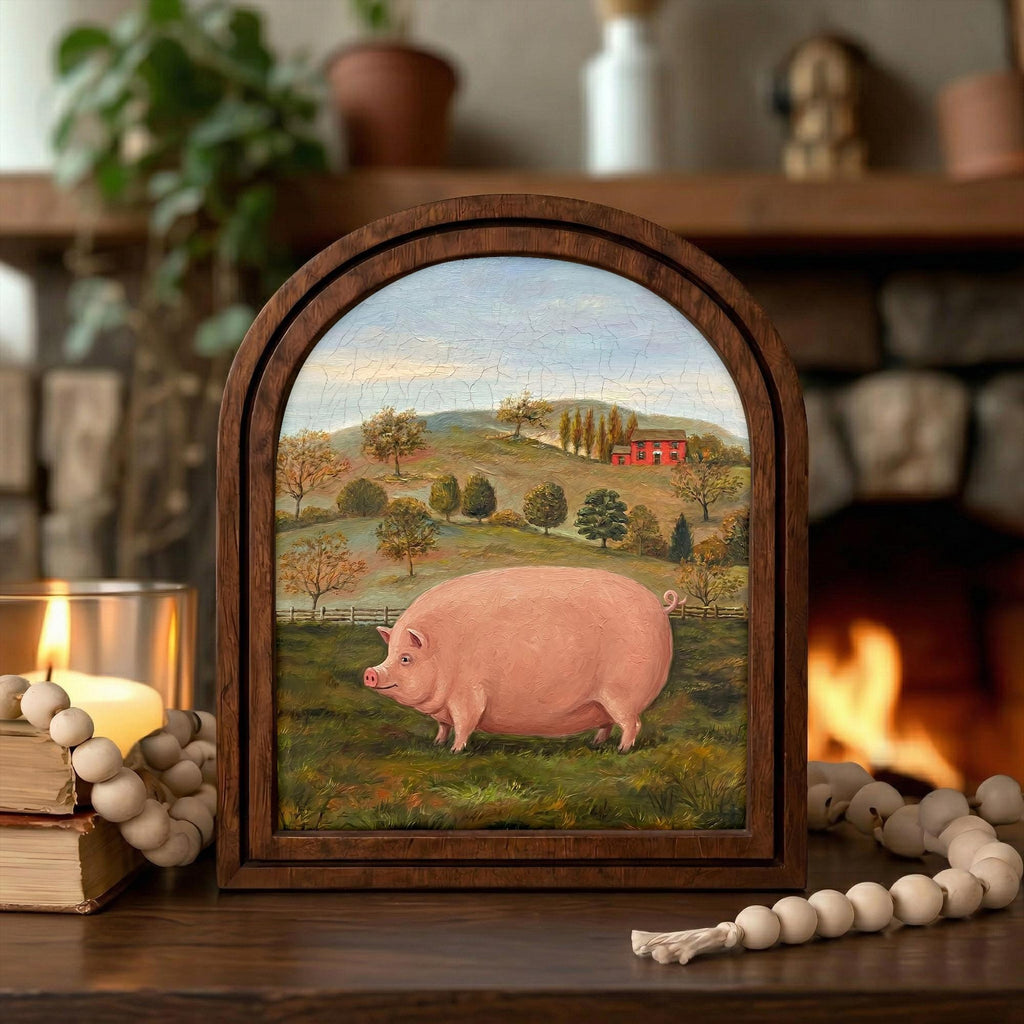 Arched Pig Frame, Country Farmhouse Decor, Wooden Pig Art, Rustic Wood Frame, Canvas Farm Art, 3D Layered Frame, Pig Lover Gift Wall Decor