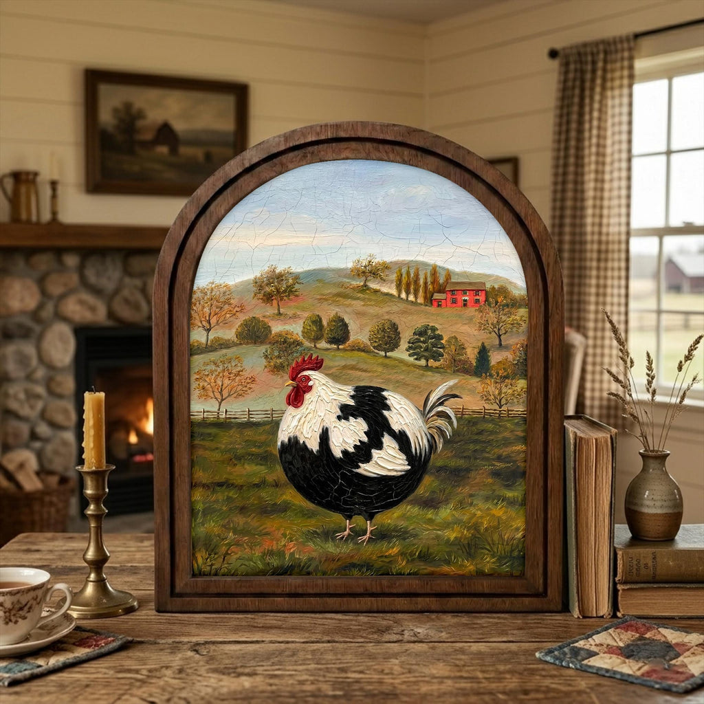 Arched Rooster Frame, Country Farmhouse Decor, Wooden Rooster Art, Rustic Wood Frame, Canvas Farm Art, 3D Layered Frame, Wall Hanging Art