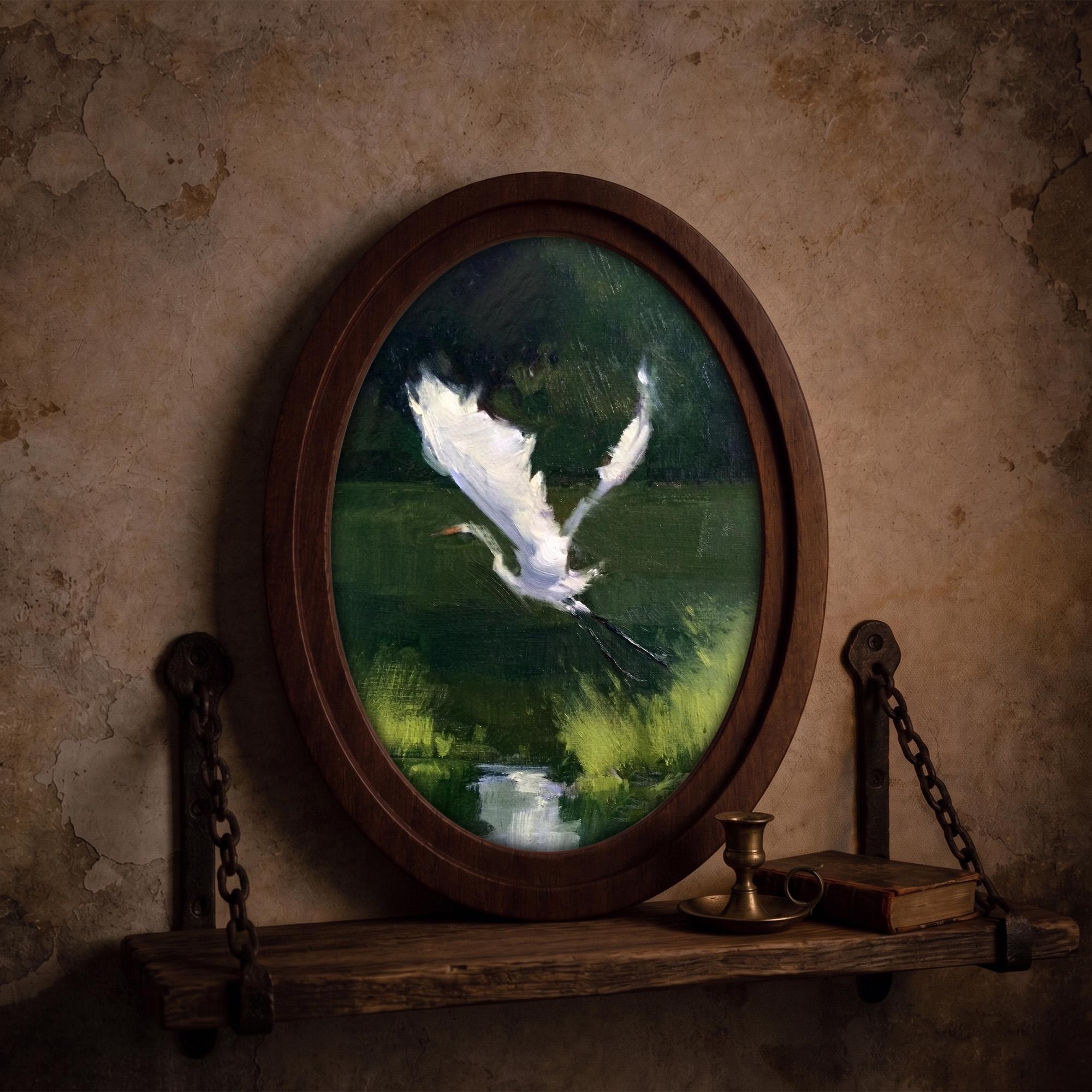 Egret Oil Painting, White Heron Art, Oval Wood Frame, Impasto Bird Print, Flying Heron Painting, Oval Picture Frame, Cottagecore Decor