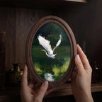 Egret Oil Painting, White Heron Art, Oval Wood Frame, Impasto Bird Print, Flying Heron Painting, Oval Picture Frame, Cottagecore Decor