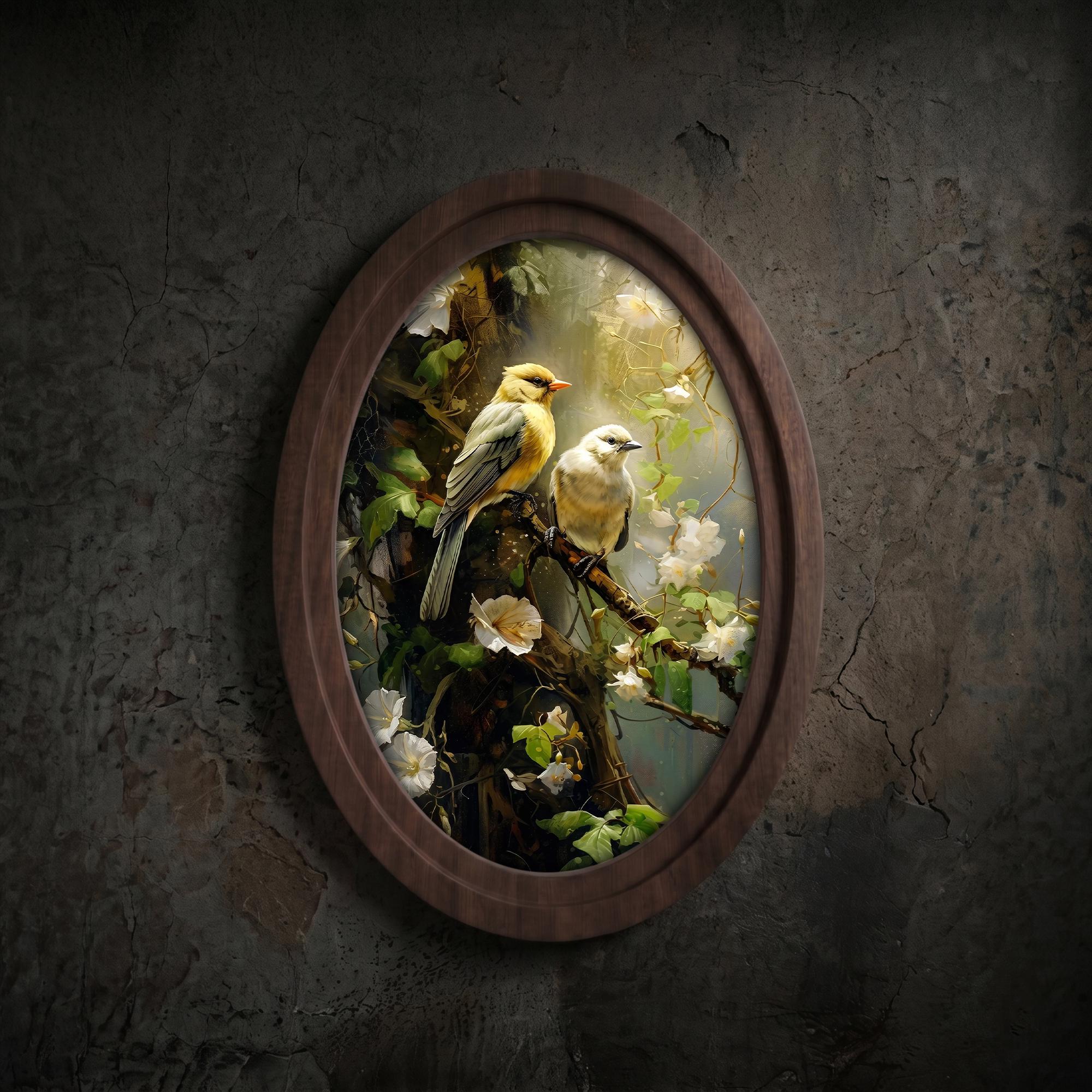 Songbird Art, Vintage Bird Print, Oval Wood Frame, Floral Wall Art, Yellow Bird Painting, Oval Picture Frame, Cottagecore Home Decor