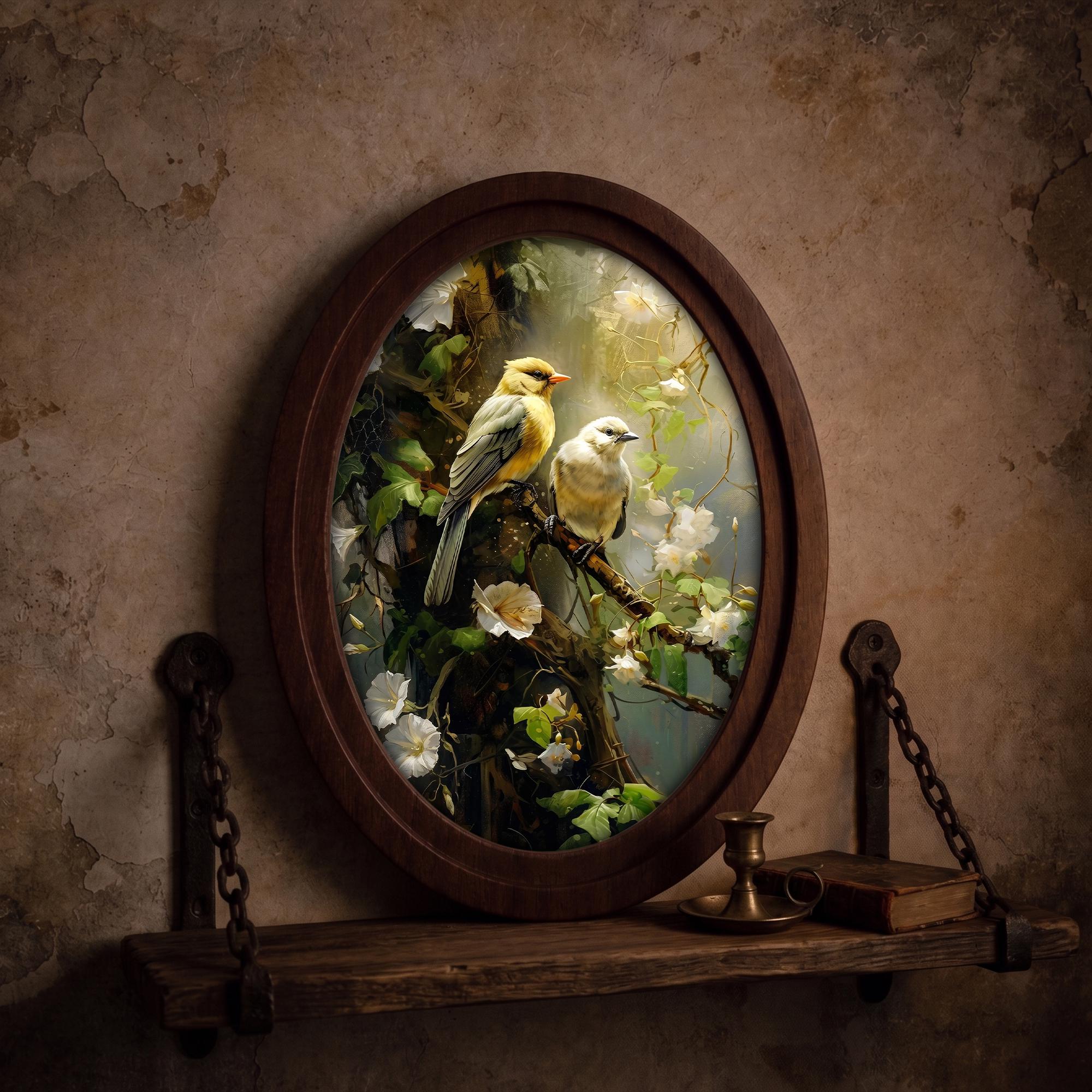 Songbird Art, Vintage Bird Print, Oval Wood Frame, Floral Wall Art, Yellow Bird Painting, Oval Picture Frame, Cottagecore Home Decor