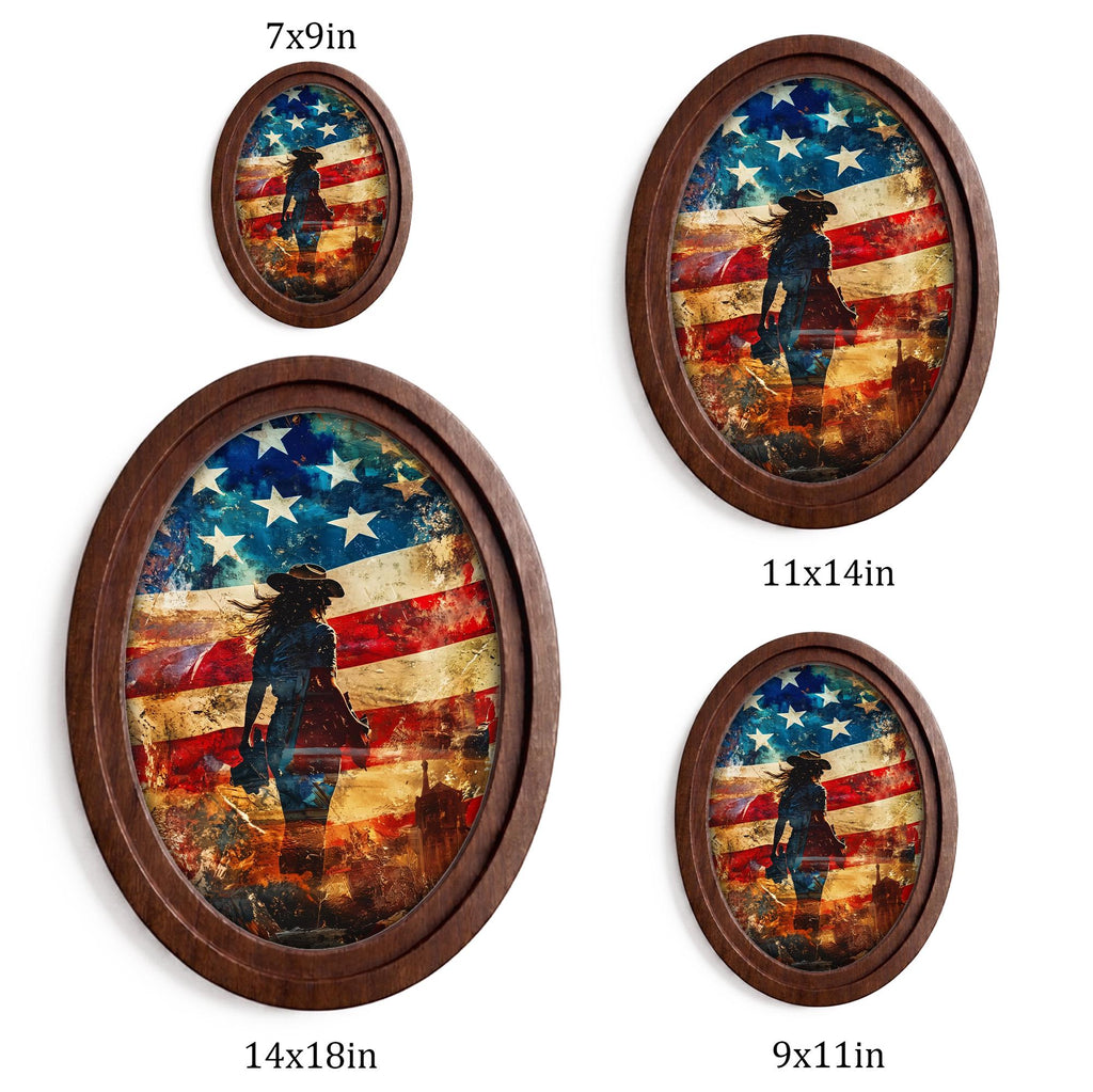 American Flag Art, Cowgirl Wall Art, Oval Wood Frame, Western Home Decor, Country Music Print, Oval Picture Frame, Patriotic Watercolor