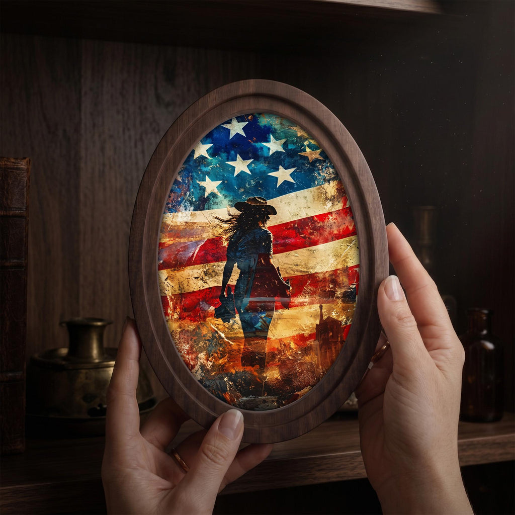 American Flag Art, Cowgirl Wall Art, Oval Wood Frame, Western Home Decor, Country Music Print, Oval Picture Frame, Patriotic Watercolor