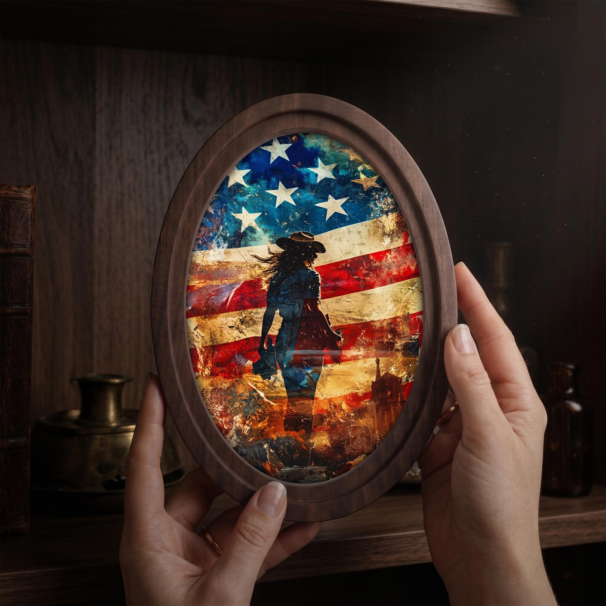 American Flag Art, Cowgirl Wall Art, Oval Wood Frame, Western Home Decor, Country Music Print, Oval Picture Frame, Patriotic Watercolor