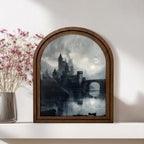 Gothic Castle Art, Dark Academia Decor, Arched Wood Frame, Vampire Castle Print, Moody Landscape, Arched Picture Frame, Halloween Wall Decor