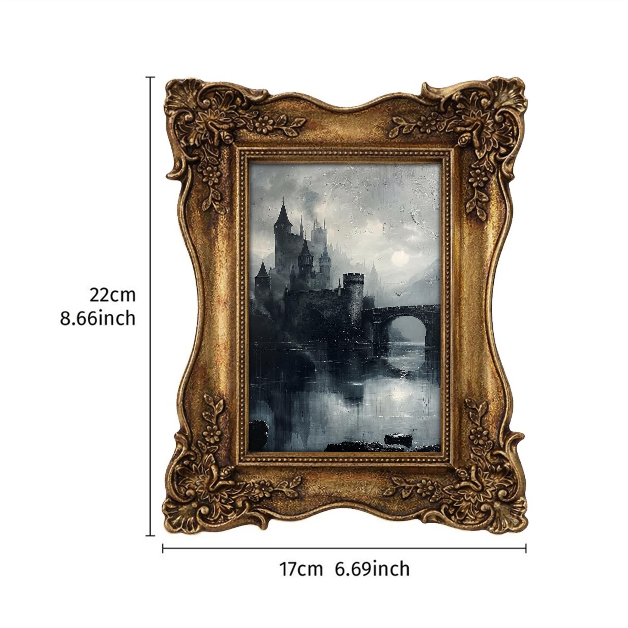 Gothic Castle Art, Dark Academia Decor, Ornate Gold Frame, Vampire Castle Print, Moody Landscape, Vintage Picture Frame, Antique Gold Decor