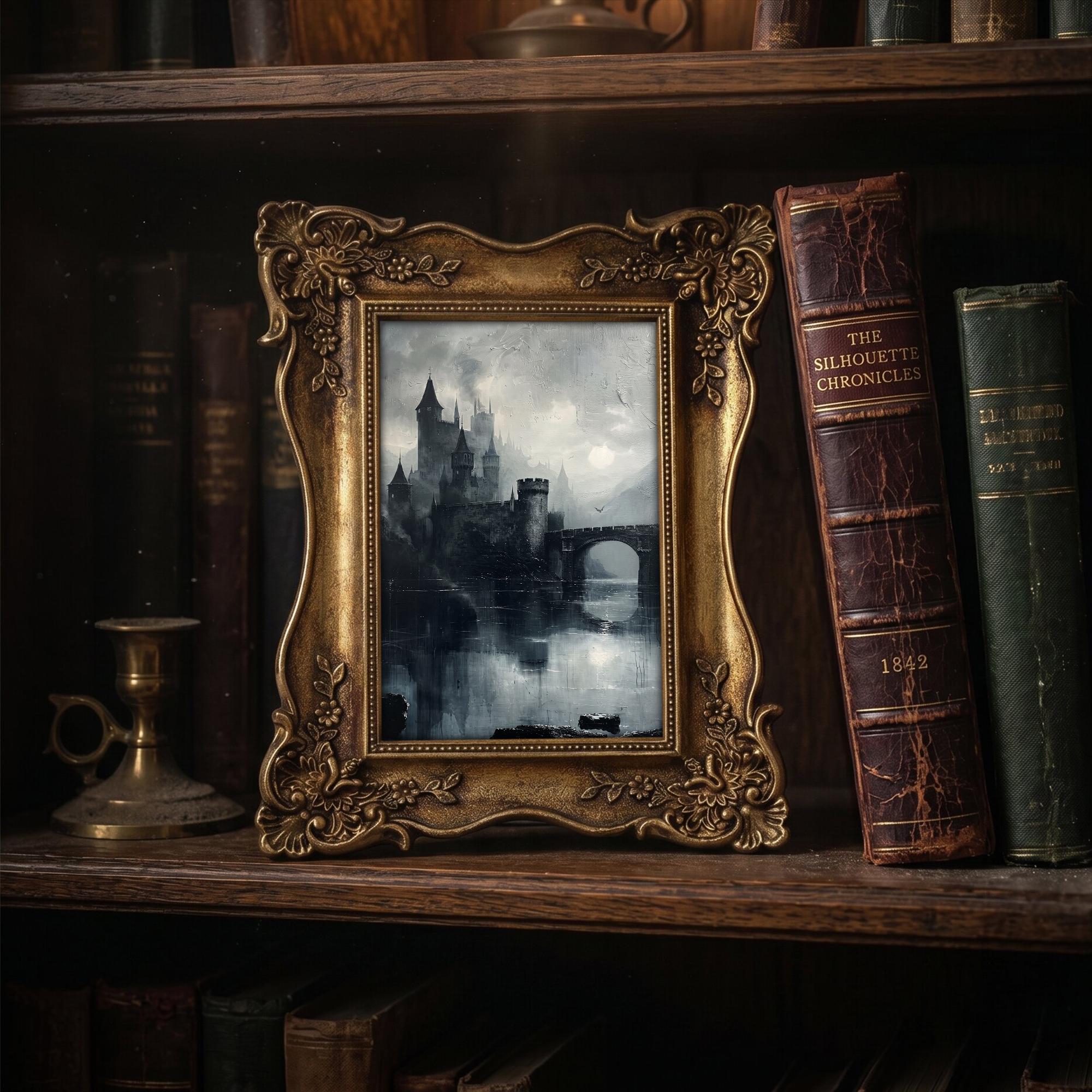 Gothic Castle Art, Dark Academia Decor, Ornate Gold Frame, Vampire Castle Print, Moody Landscape, Vintage Picture Frame, Antique Gold Decor