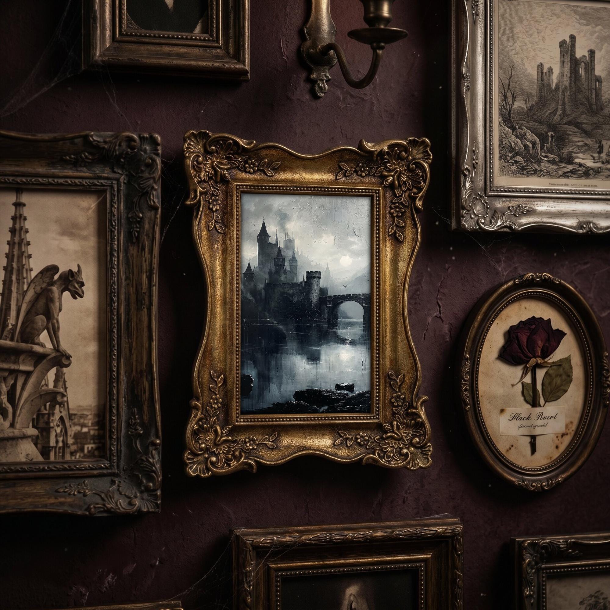 Gothic Castle Art, Dark Academia Decor, Ornate Gold Frame, Vampire Castle Print, Moody Landscape, Vintage Picture Frame, Antique Gold Decor