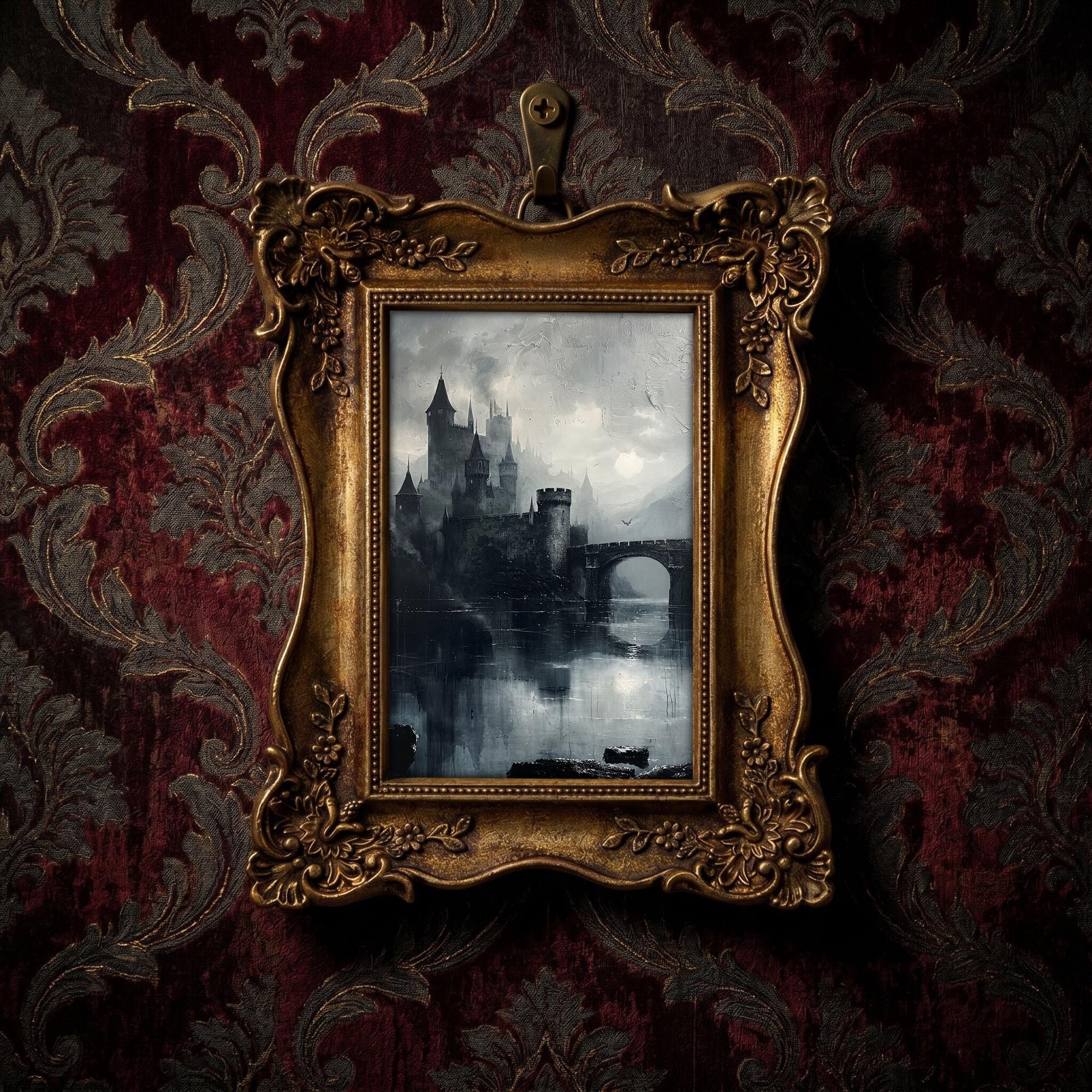 Gothic Castle Art, Dark Academia Decor, Ornate Gold Frame, Vampire Castle Print, Moody Landscape, Vintage Picture Frame, Antique Gold Decor