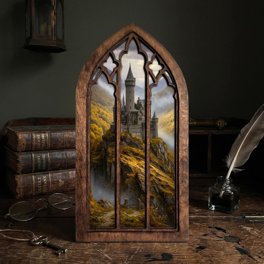 Fairytale Castle Art, Fantasy Castle Print, Gothic Window Frame, Landscape Oil Painting, Laser Cut Wood Art, Gothic Picture Frame,Wall Decor