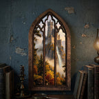 Waterfall Castle Art, Fantasy Castle Print, Gothic Window Frame, Landscape Oil Painting, Laser Cut Wood Art, Gothic Picture Frame,Wall Decor