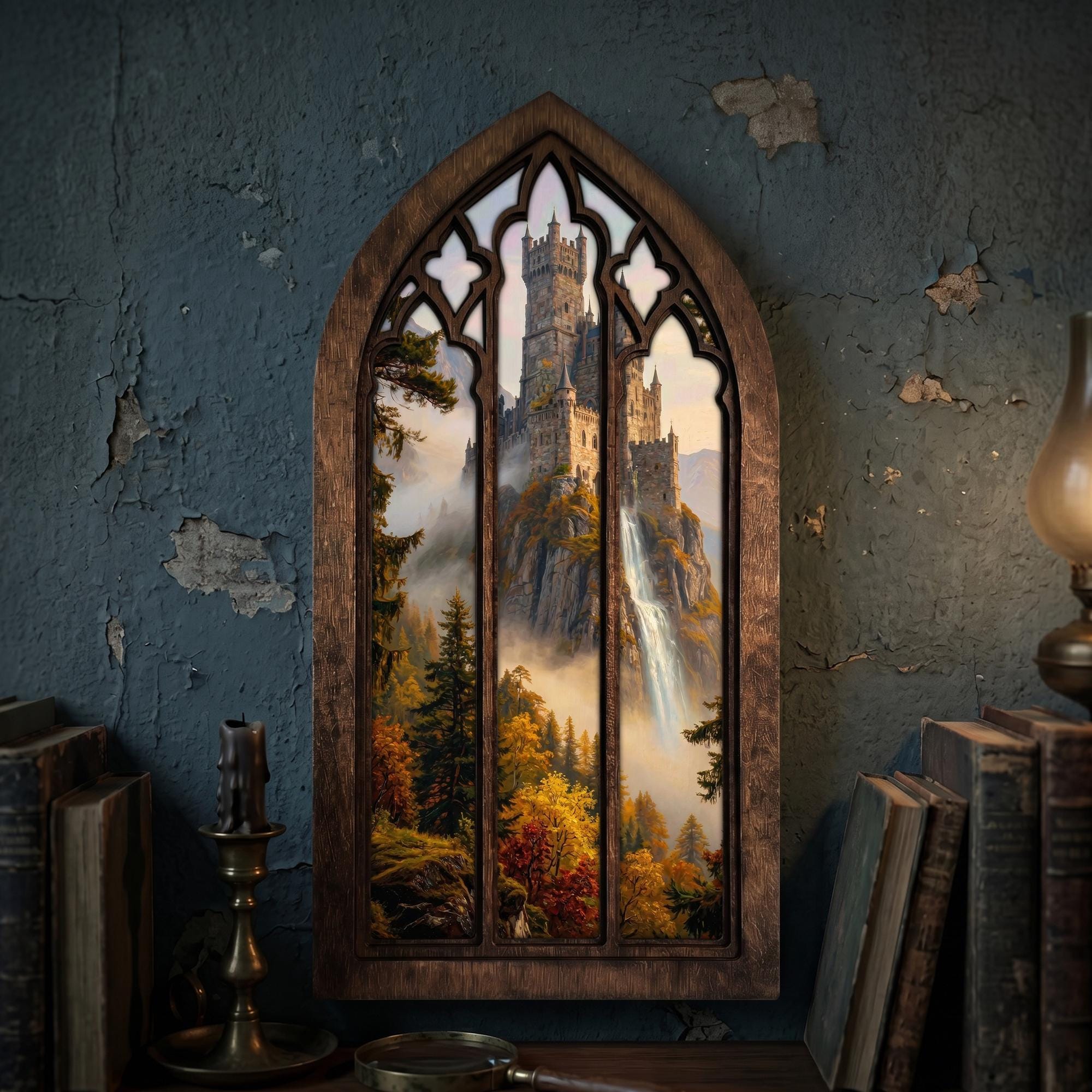 Waterfall Castle Art, Fantasy Castle Print, Gothic Window Frame, Landscape Oil Painting, Laser Cut Wood Art, Gothic Picture Frame,Wall Decor