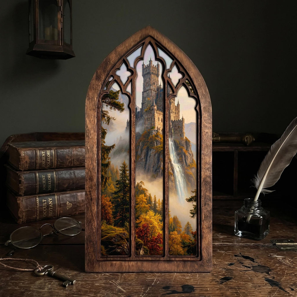 Waterfall Castle Art, Fantasy Castle Print, Gothic Window Frame, Landscape Oil Painting, Laser Cut Wood Art, Gothic Picture Frame,Wall Decor