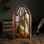 Waterfall Castle Art, Fantasy Castle Print, Gothic Window Frame, Landscape Oil Painting, Laser Cut Wood Art, Gothic Picture Frame,Wall Decor